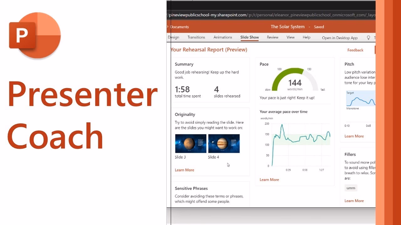 How do I rehearse a PowerPoint presentation with a presenter coach?
