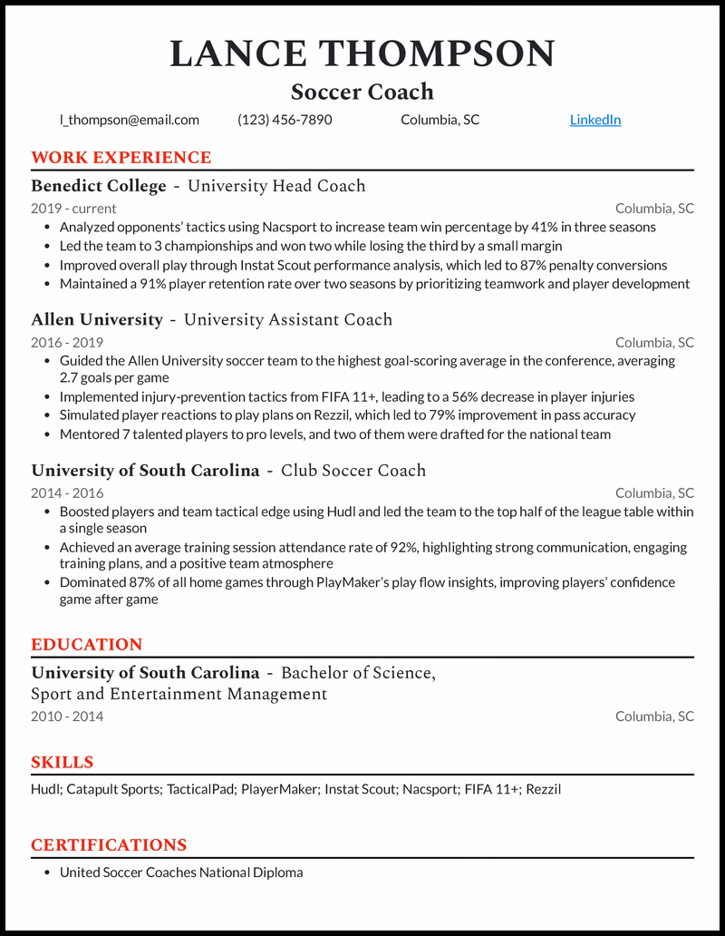 What is a good resume template for a soccer coach?