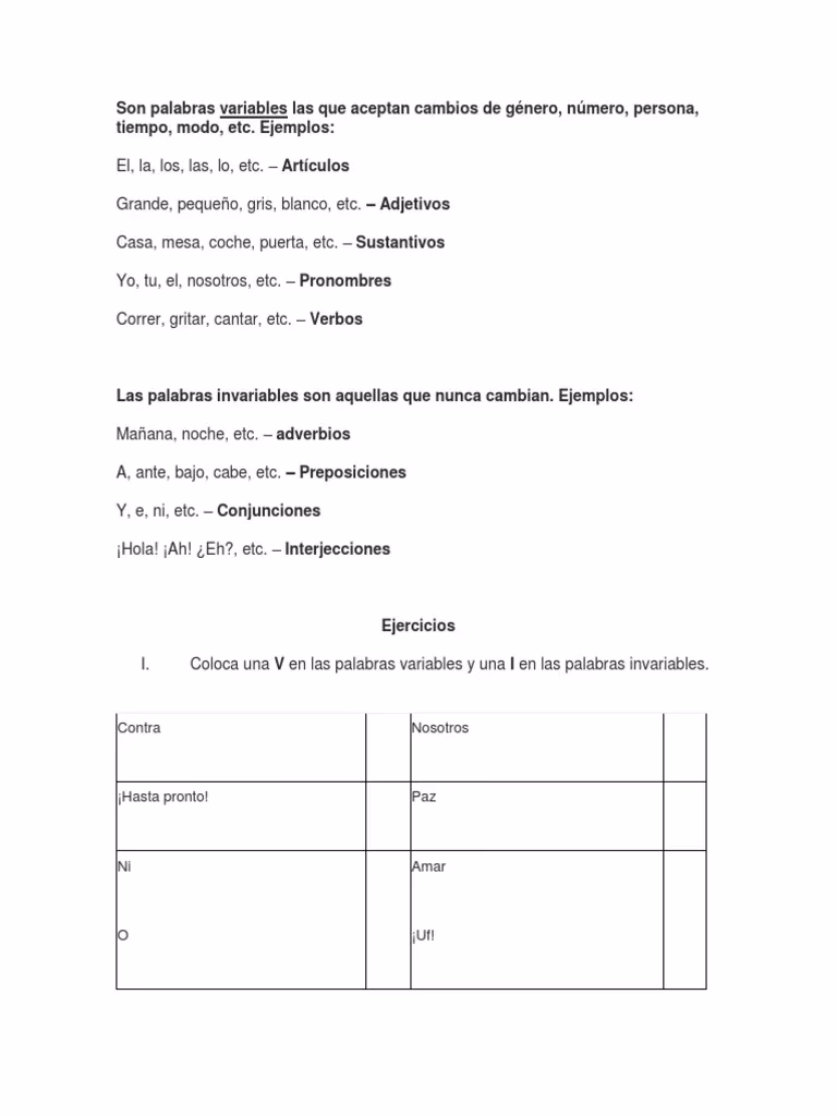 ¿Cuáles son las palabras variables?